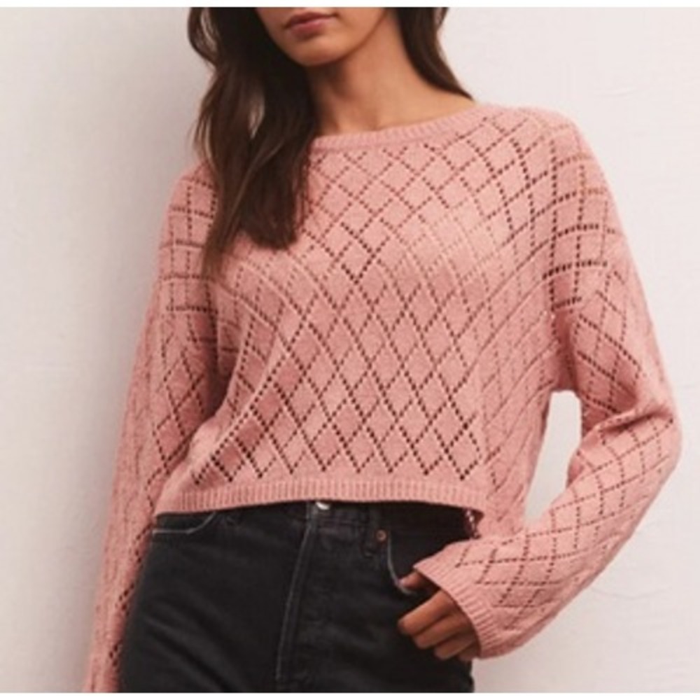 Z Supply Mackenna Open Knit Diamond Crochet Cropped Sweater Dusty Rose XS